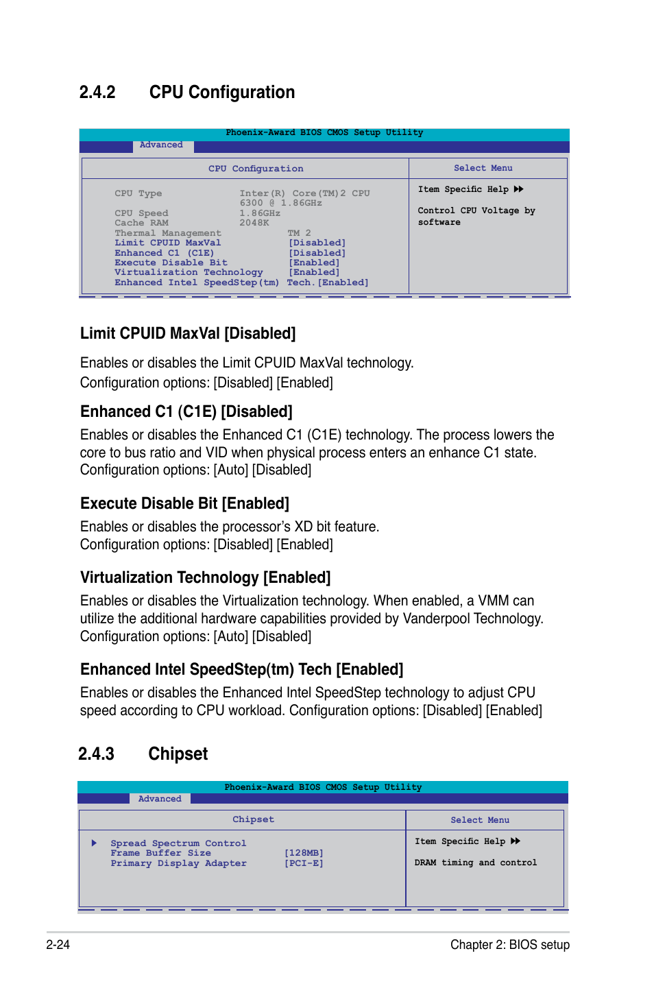 3 chipset 2.4.2 cpu configuration, Limit cpuid maxval [disabled, Enhanced c1 (c1e) [disabled | Execute disable bit [enabled, Virtualization technology [enabled, Enhanced intel speedstep(tm) tech [enabled, Configuration options: [disabled] [enabled | Asus P5N-MX User Manual | Page 72 / 100