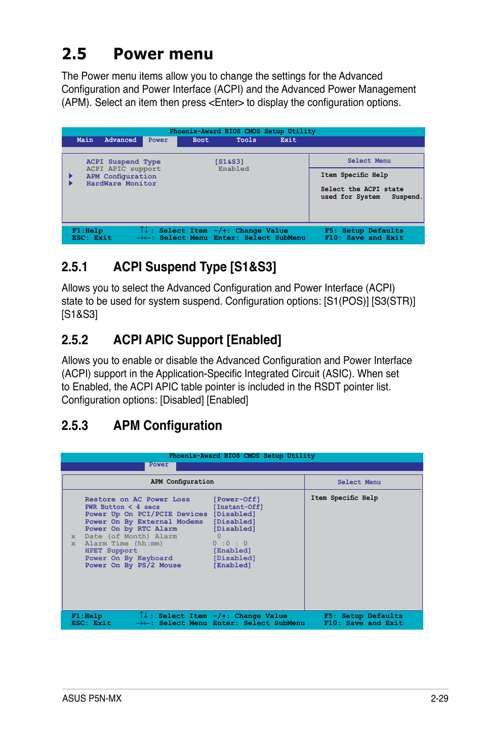 5 power menu, 1 acpi suspend type [s1&s3, 2 acpi apic support [enabled | 3 apm configuration | Asus P5N-MX User Manual | Page 77 / 100