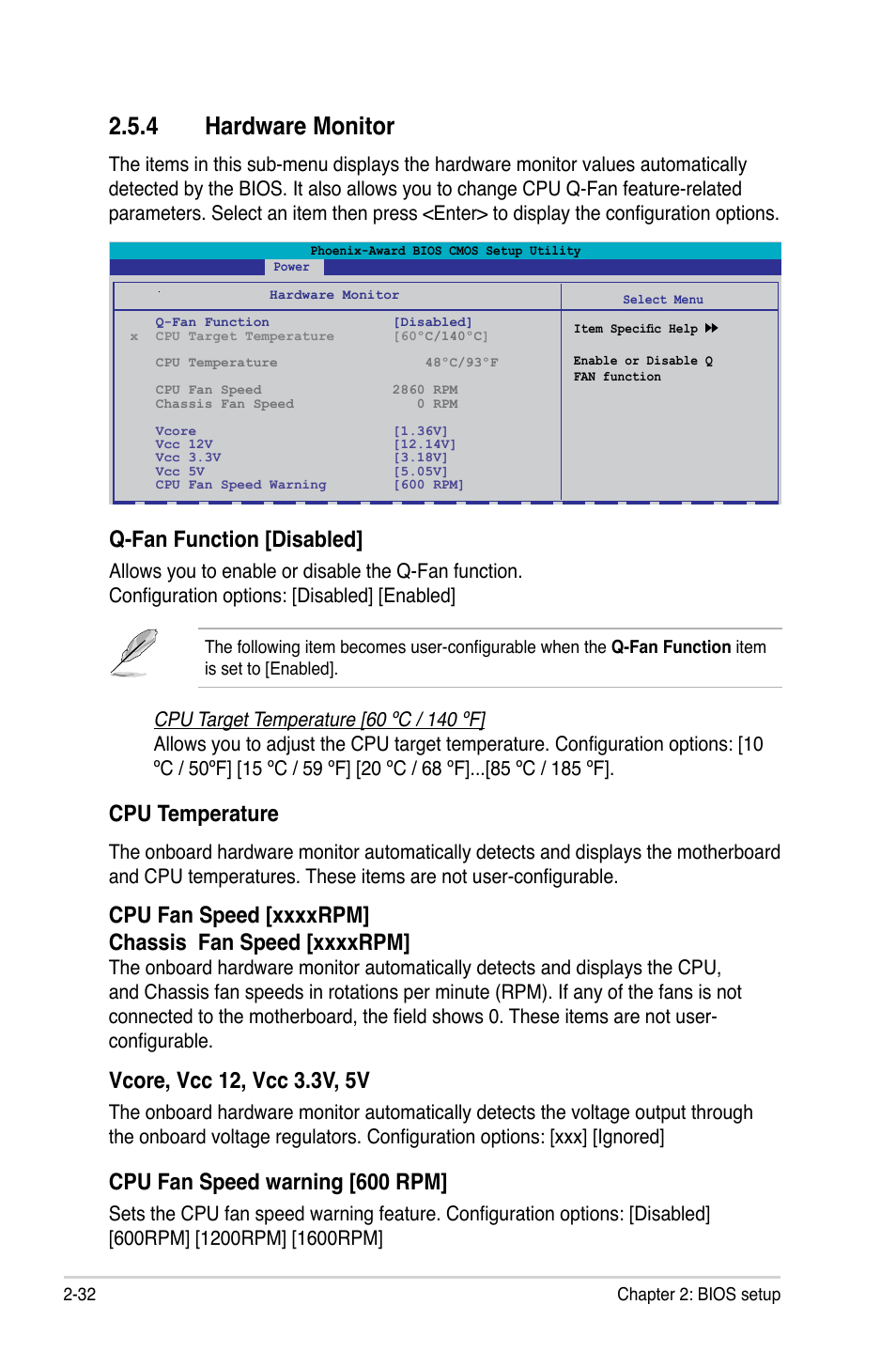 4 hardware monitor, Cpu temperature, Cpu fan speed warning [600 rpm | Q-fan function [disabled | Asus P5N-MX User Manual | Page 80 / 100