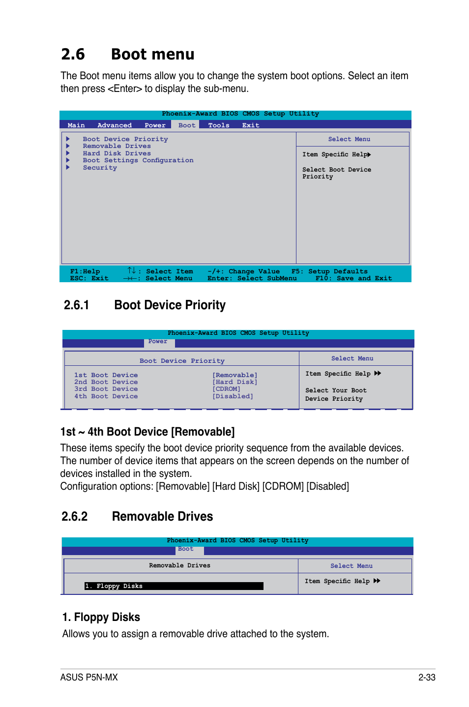 6 boot menu, 1 boot device priority, 2 removable drives | 1st ~ 4th boot device [removable, Floppy disks | Asus P5N-MX User Manual | Page 81 / 100
