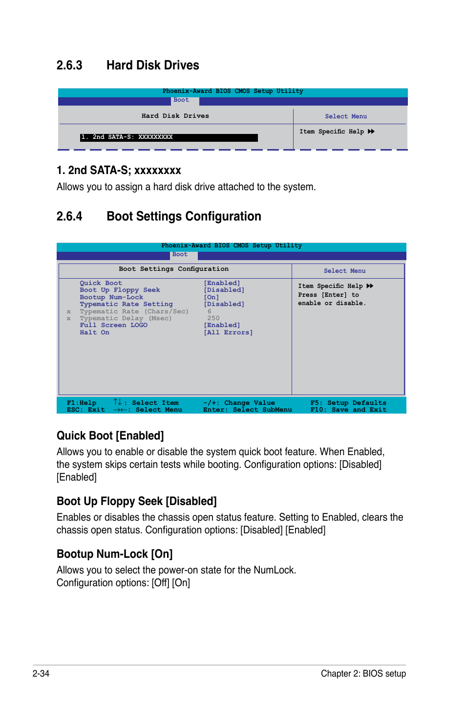 3 hard disk drives, 4 boot settings configuration, Quick boot [enabled | Boot up floppy seek [disabled, Bootup num-lock [on | Asus P5N-MX User Manual | Page 82 / 100