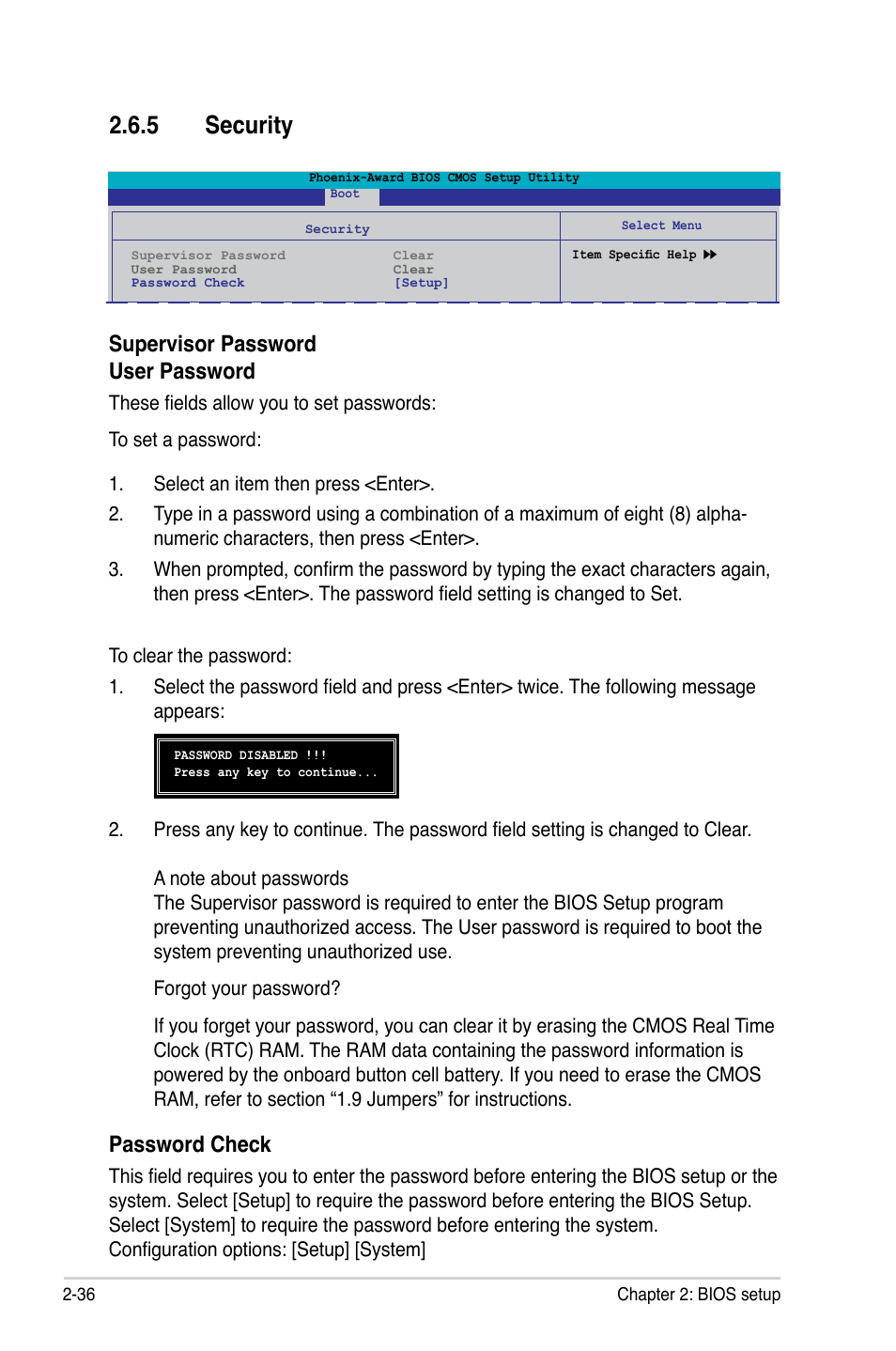 5 security, Password check, Supervisor password user password | Asus P5N-MX User Manual | Page 84 / 100