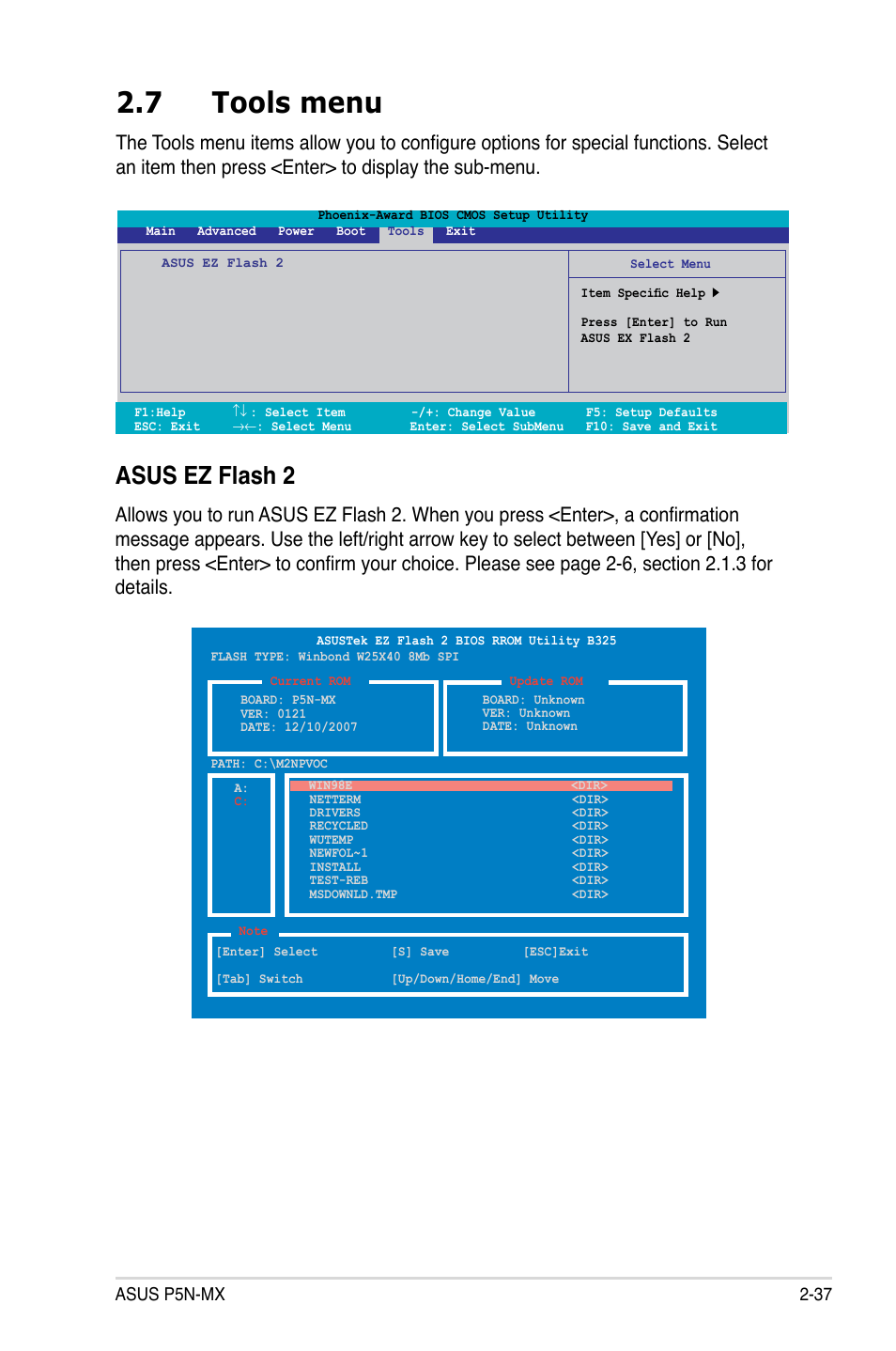 7 tools menu, Asus ez flash 2, Asus p5n-mx 2-37 | Asus P5N-MX User Manual | Page 85 / 100