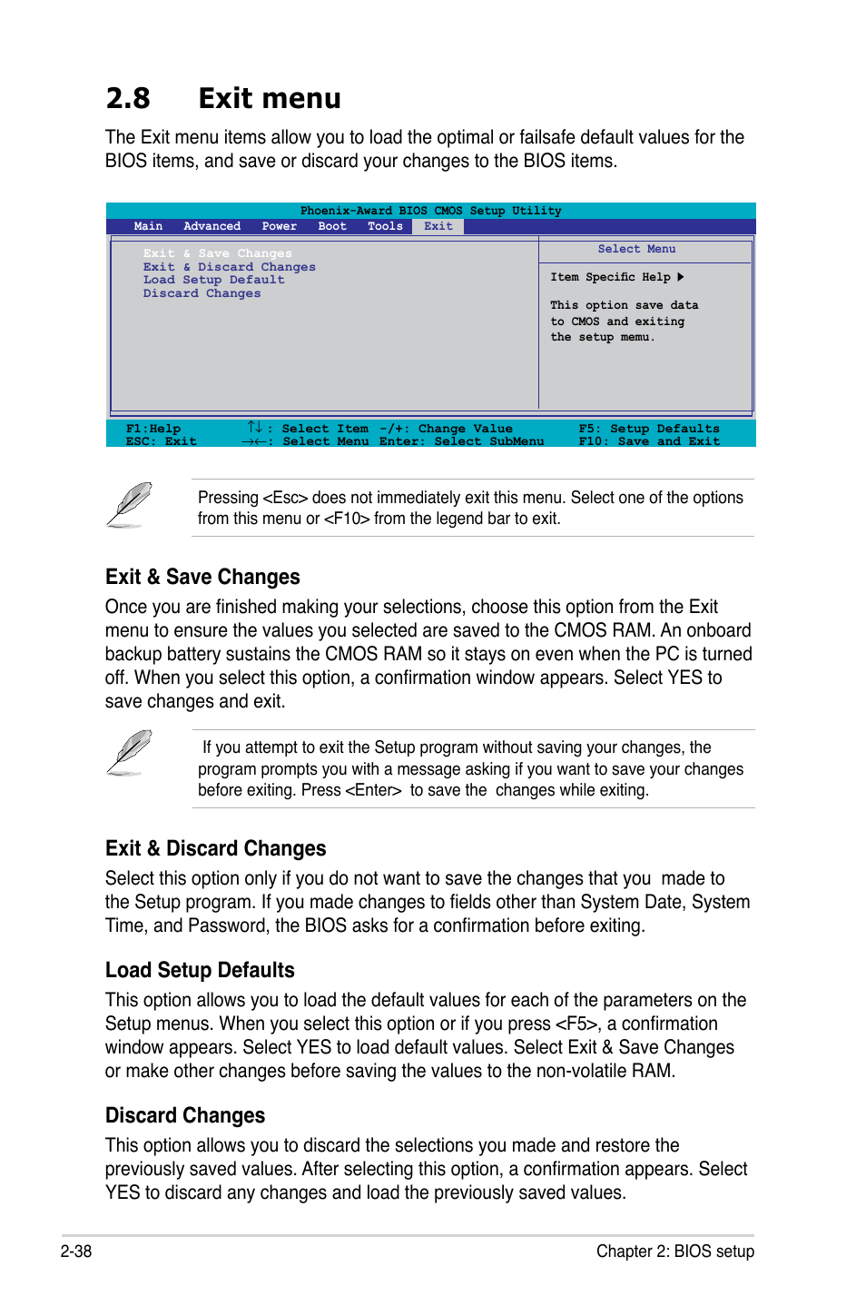 8 exit menu, Exit & save changes, Exit & discard changes | Load setup defaults, Discard changes | Asus P5N-MX User Manual | Page 86 / 100