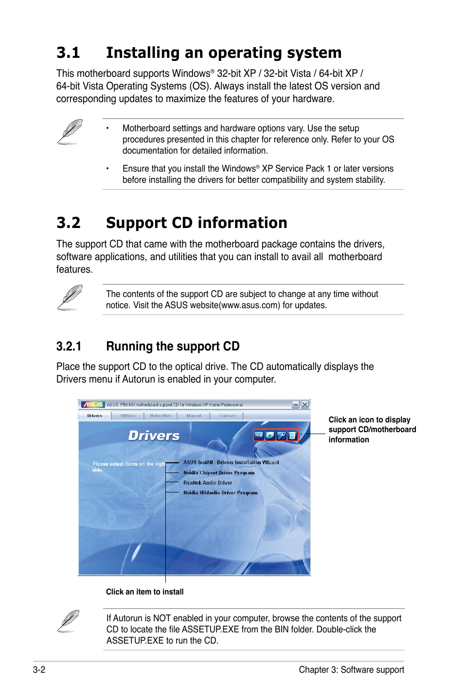 1 installing an operating system, 2 support cd information, 1 running the support cd | Asus P5N-MX User Manual | Page 88 / 100