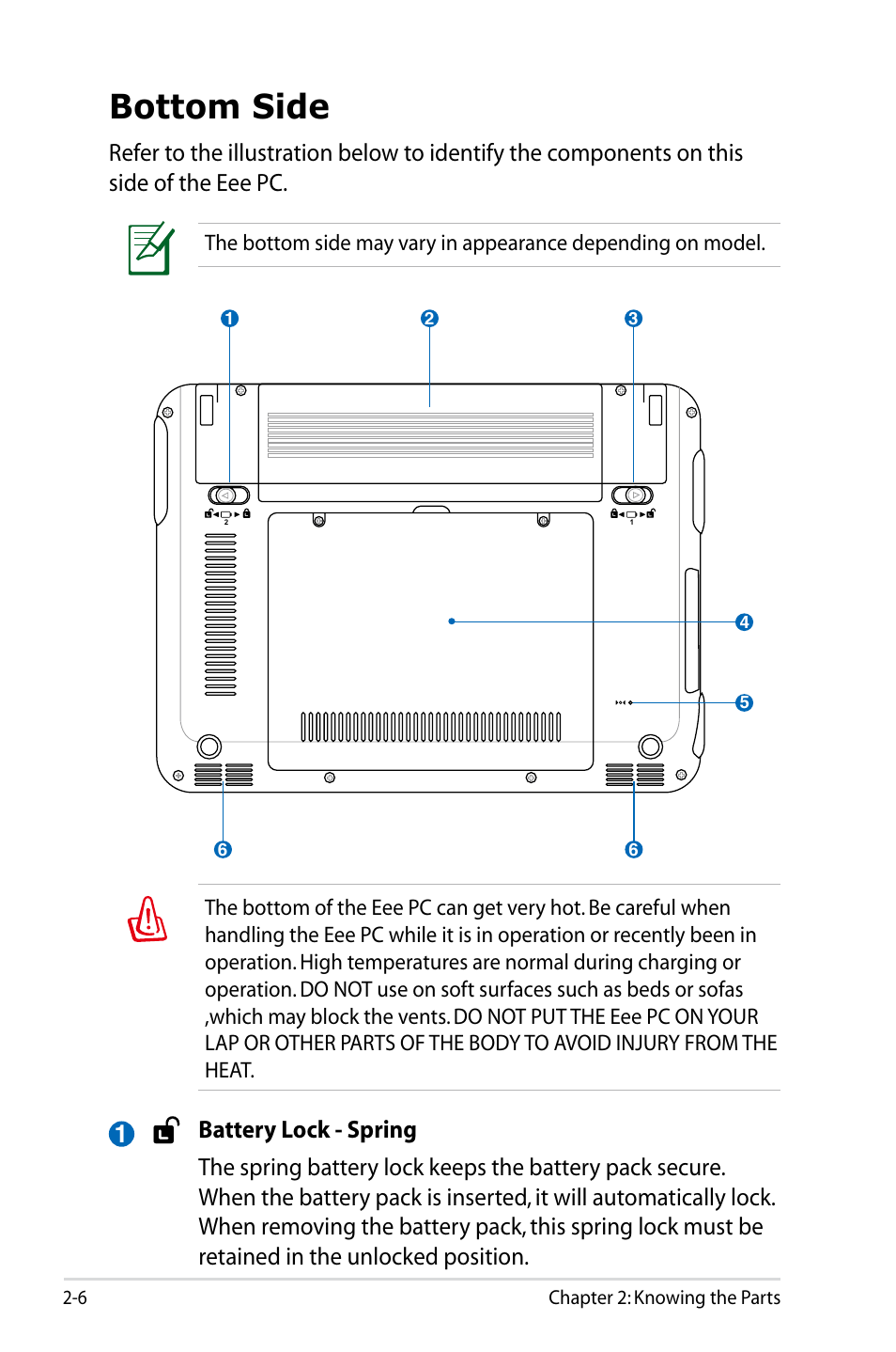 Bottom side, Bottom side -6 | Asus Eee PC 901/XP User Manual | Page 18 / 88