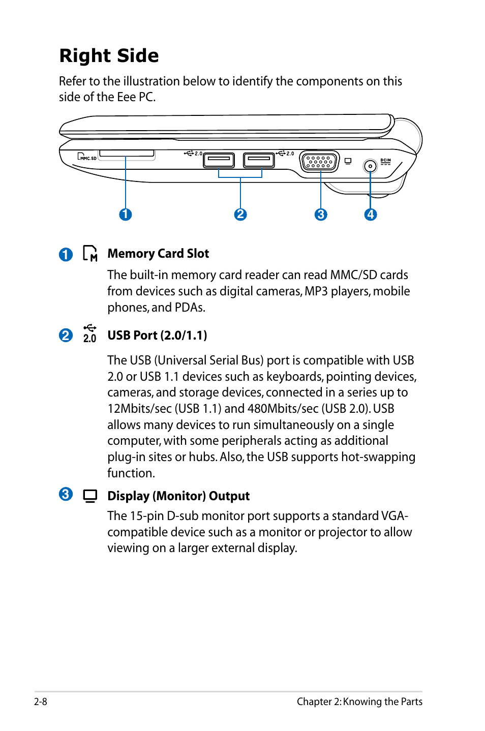 Right side, Right side -8 | Asus Eee PC 901/XP User Manual | Page 20 / 88