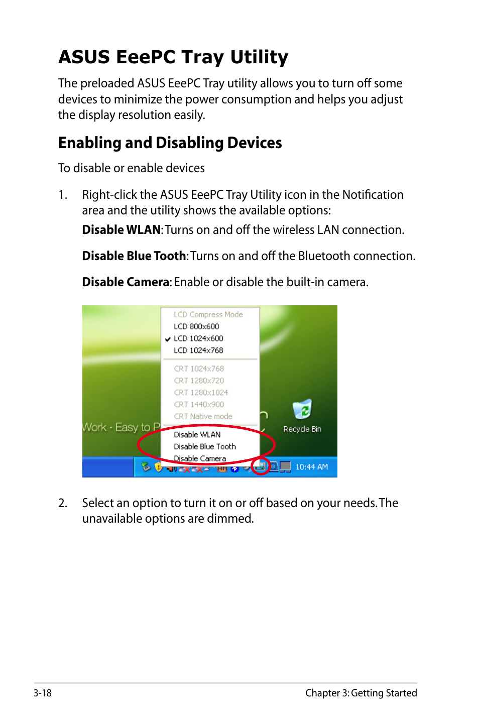 Asus eeepc tray utility, Enabling and disabling devices, Asus eeepc tray utility -18 | Enabling and disabling devices -18 | Asus Eee PC 901/XP User Manual | Page 42 / 88