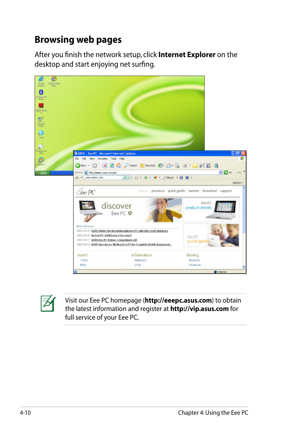 Browsing web pages | Asus Eee PC 901/XP User Manual | Page 54 / 88