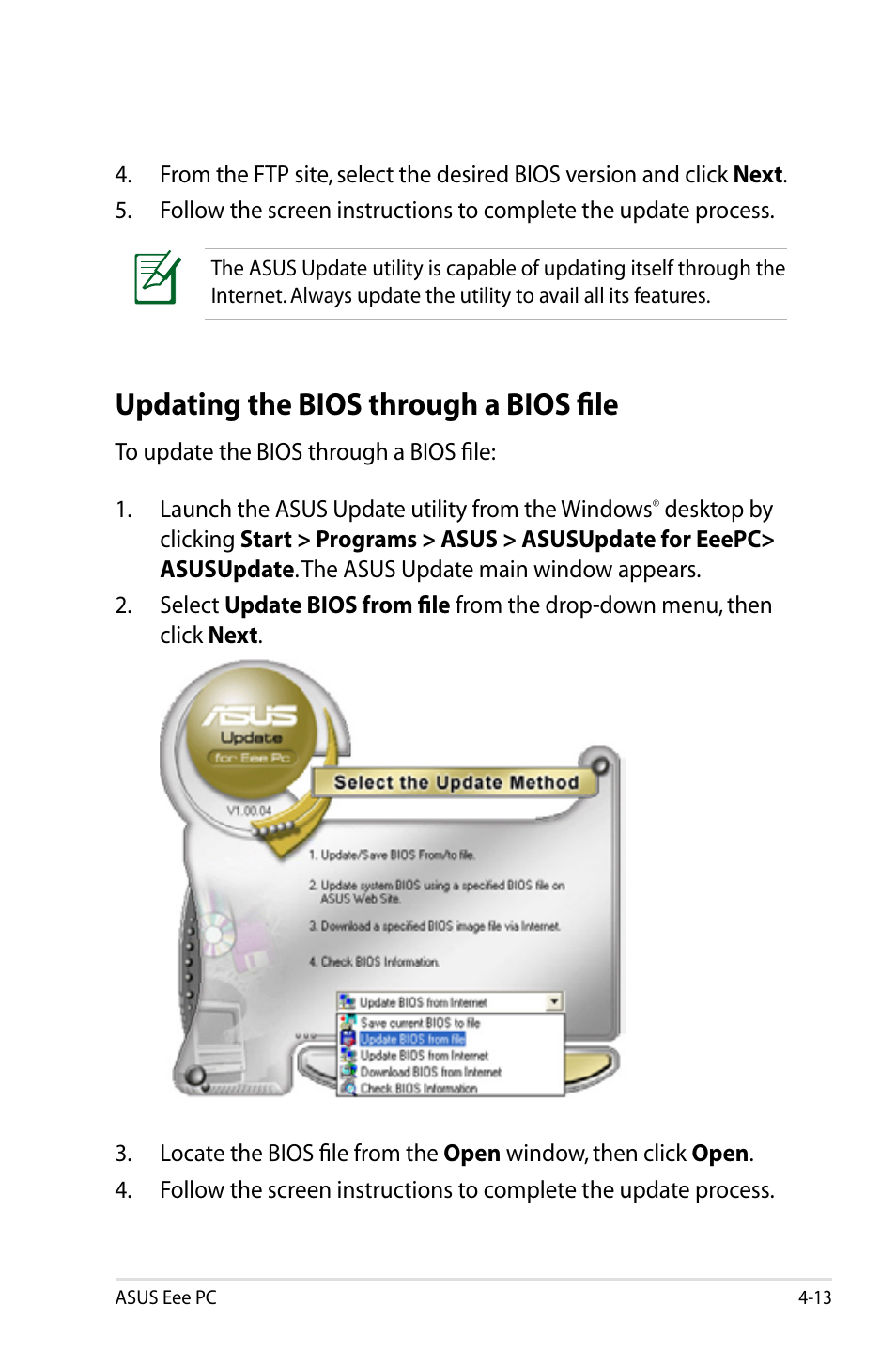 Updating the bios through a bios file, Updating the bios through a bios file -13 | Asus Eee PC 901/XP User Manual | Page 57 / 88