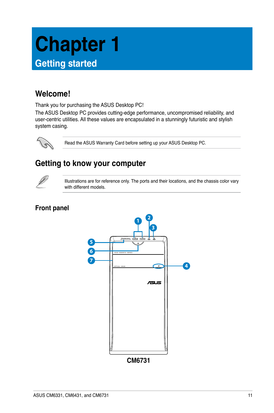 Chapter 1: getting started, Welcome, Getting to know your computer | Getting started, Welcome! getting to know your computer, Chapter 1 | Asus CM6731 User Manual | Page 11 / 70