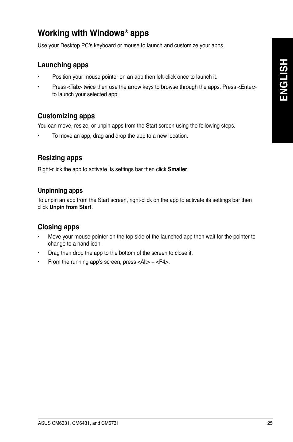 Working with windows® apps, Working with windows, En g lis h en g li sh | Asus CM6731 User Manual | Page 25 / 70
