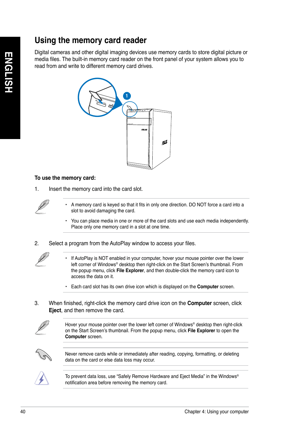 Using the memory card reader, En g lis h en g li sh en g lis h en g li sh | Asus CM6731 User Manual | Page 40 / 70