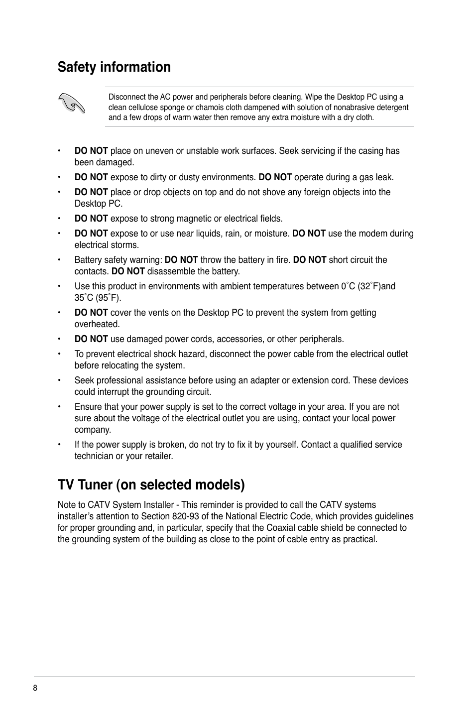 Safety information, Tv tuner (on selected models) | Asus CM6731 User Manual | Page 8 / 70
