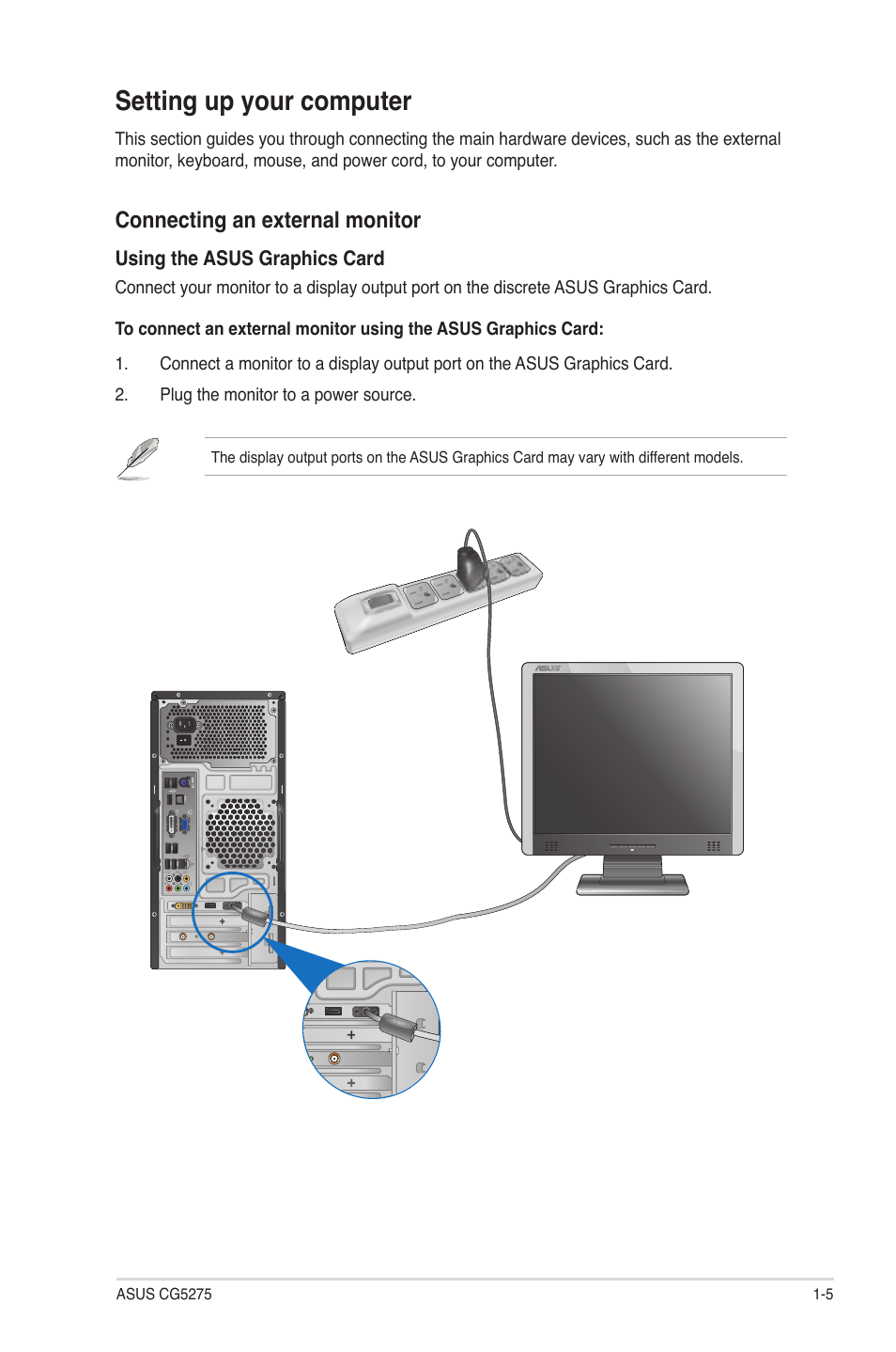 Setting up your computer, Connecting an external monitor | Asus CG5275 User Manual | Page 14 / 66