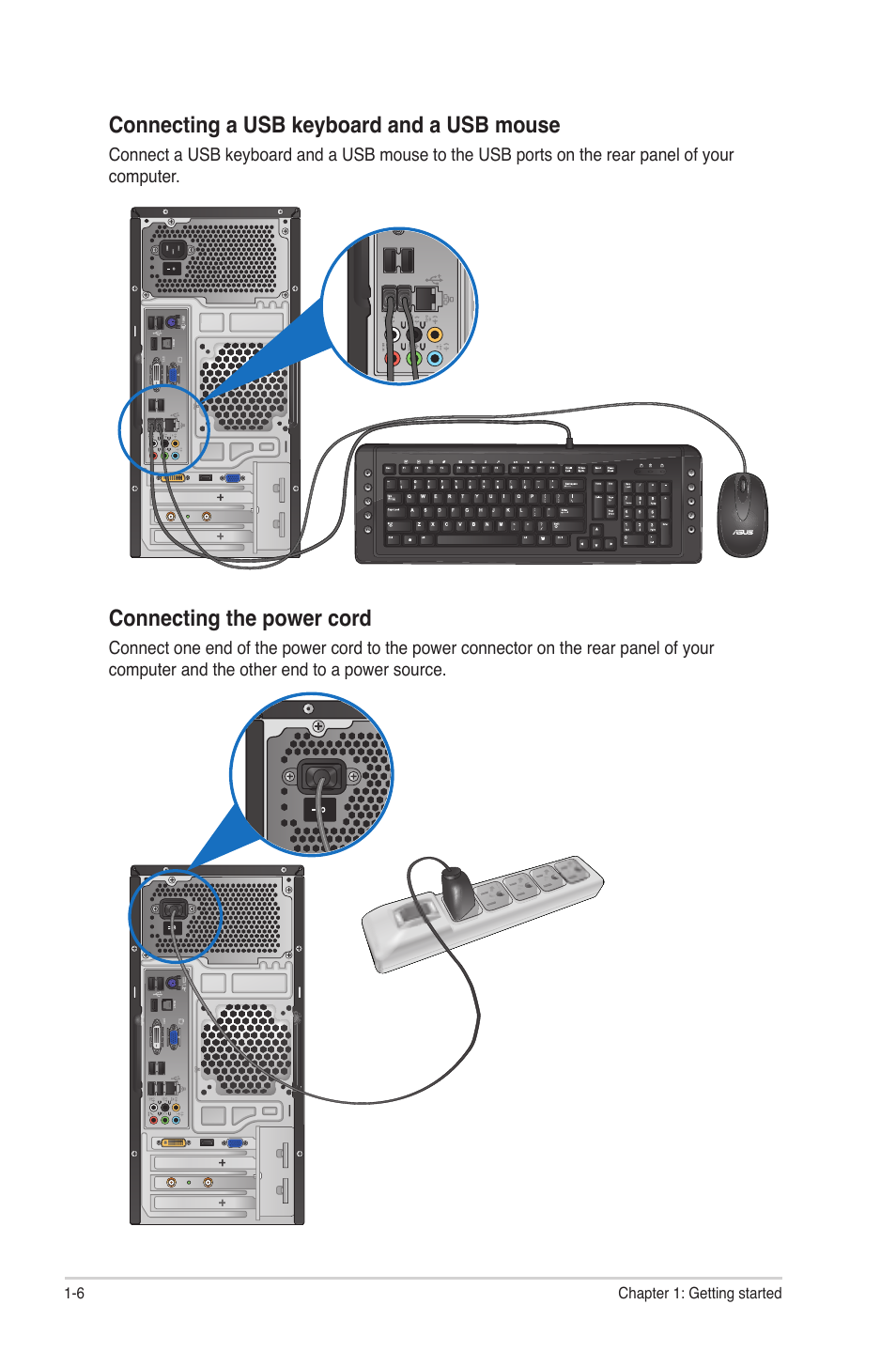 Connecting a usb keyboard and a usb mouse, Connecting the power cord | Asus CG5275 User Manual | Page 15 / 66