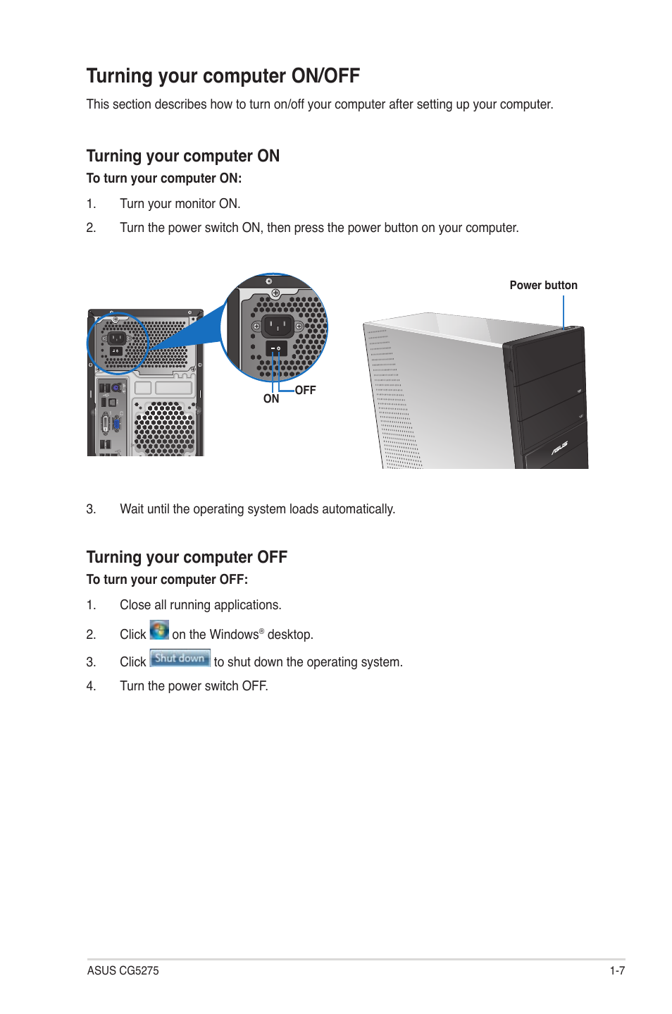 Turning your computer on/off, Turning your computer on, Turning your computer off | Asus CG5275 User Manual | Page 16 / 66