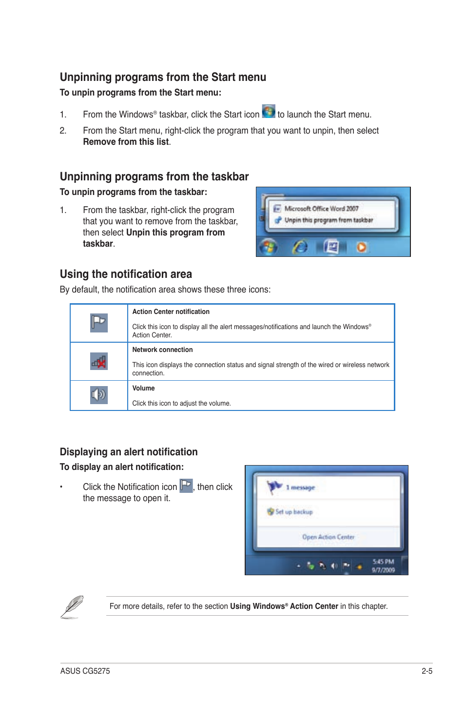 Unpinning programs from the start menu, Unpinning programs from the taskbar, Using the notification area | Asus CG5275 User Manual | Page 21 / 66