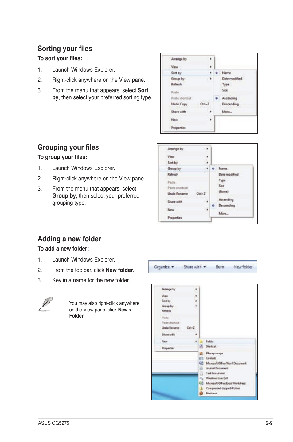 Sorting your files, Grouping your files, Adding a new folder | Asus CG5275 User Manual | Page 25 / 66