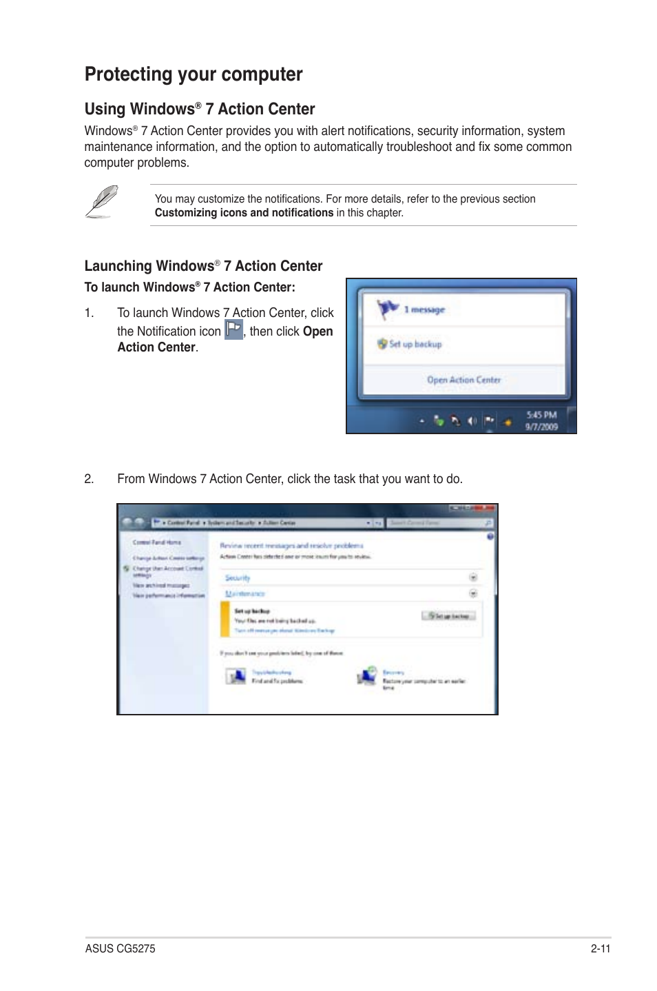 Protecting your computer, Using windows, 7 action center | Asus CG5275 User Manual | Page 27 / 66