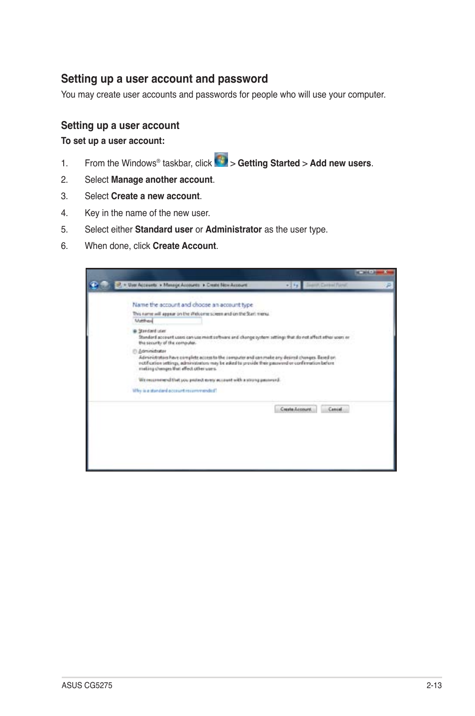 Setting up a user account and password | Asus CG5275 User Manual | Page 29 / 66