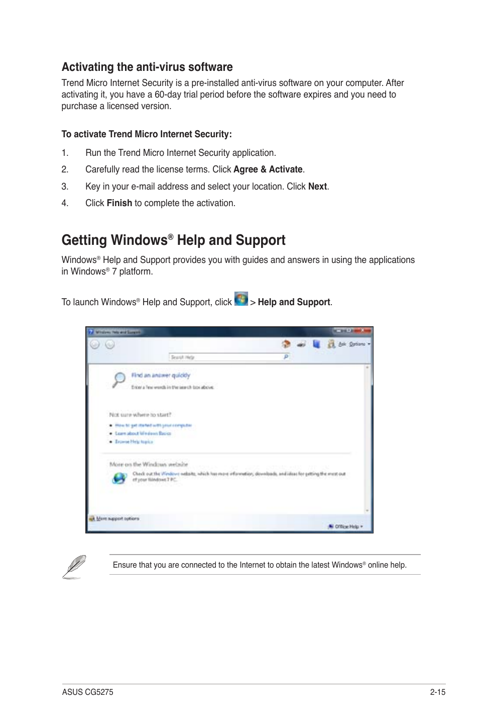 Getting windows® help and support, Getting windows, Help and support | Activating the anti-virus software | Asus CG5275 User Manual | Page 31 / 66