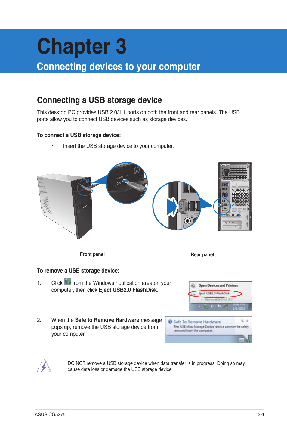 Chapter 3: connecting devices to your computer, Connecting a usb storage device, Chapter 3 | Connecting devices to your computer | Asus CG5275 User Manual | Page 32 / 66