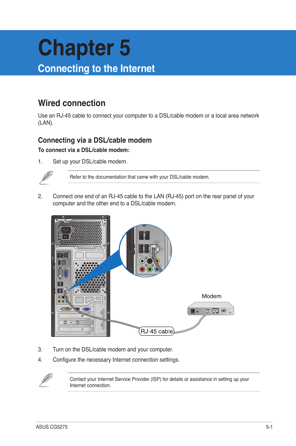 Chapter 5: connecting to the internet, Wired connection, Chapter 5 | Connecting to the internet | Asus CG5275 User Manual | Page 44 / 66