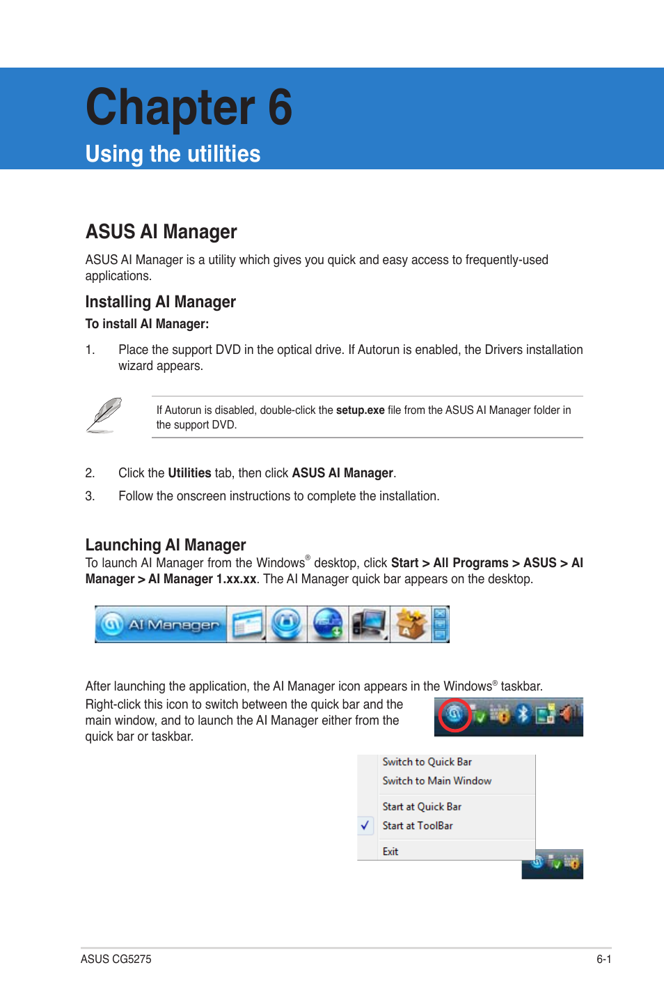 Chapter 6: using the utilities, Asus ai manager, Chapter 6 | Using the utilities | Asus CG5275 User Manual | Page 49 / 66