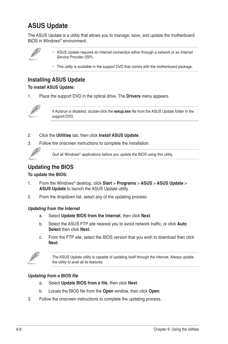 Asus update, Installing asus update, Updating the bios | Asus CG5275 User Manual | Page 56 / 66