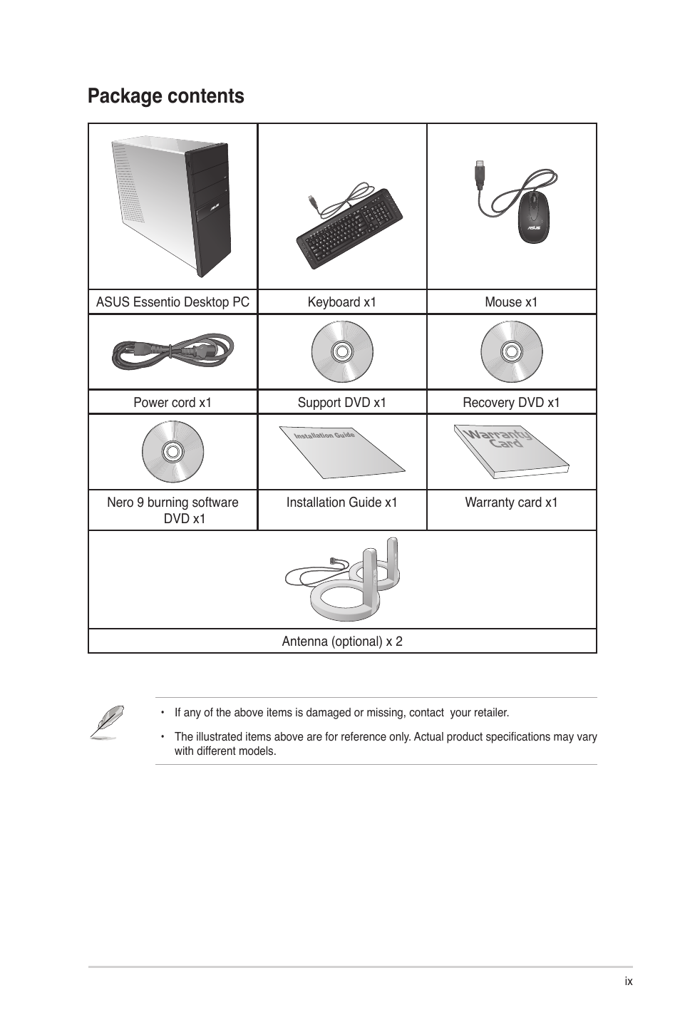 Package contents | Asus CG5275 User Manual | Page 9 / 66