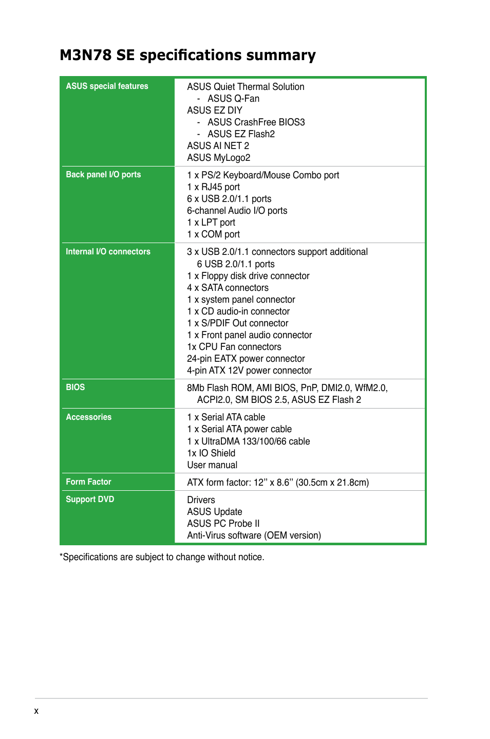 M3n78 se specifications summary | Asus M3N78 SE User Manual | Page 10 / 62