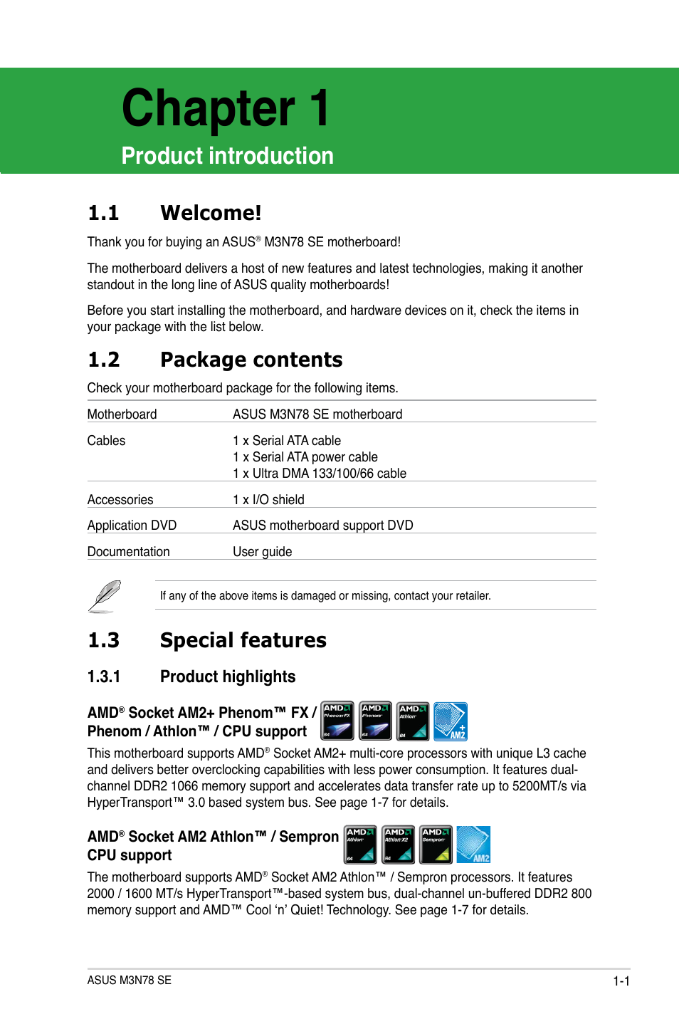 Chapter 1: product introduction, 1 welcome, 2 package contents | 3 special features, 1 product highlights, Welcome! -1, Package contents -1, Special features -1 1.3.1, Product highlights -1, Chapter 1 | Asus M3N78 SE User Manual | Page 11 / 62