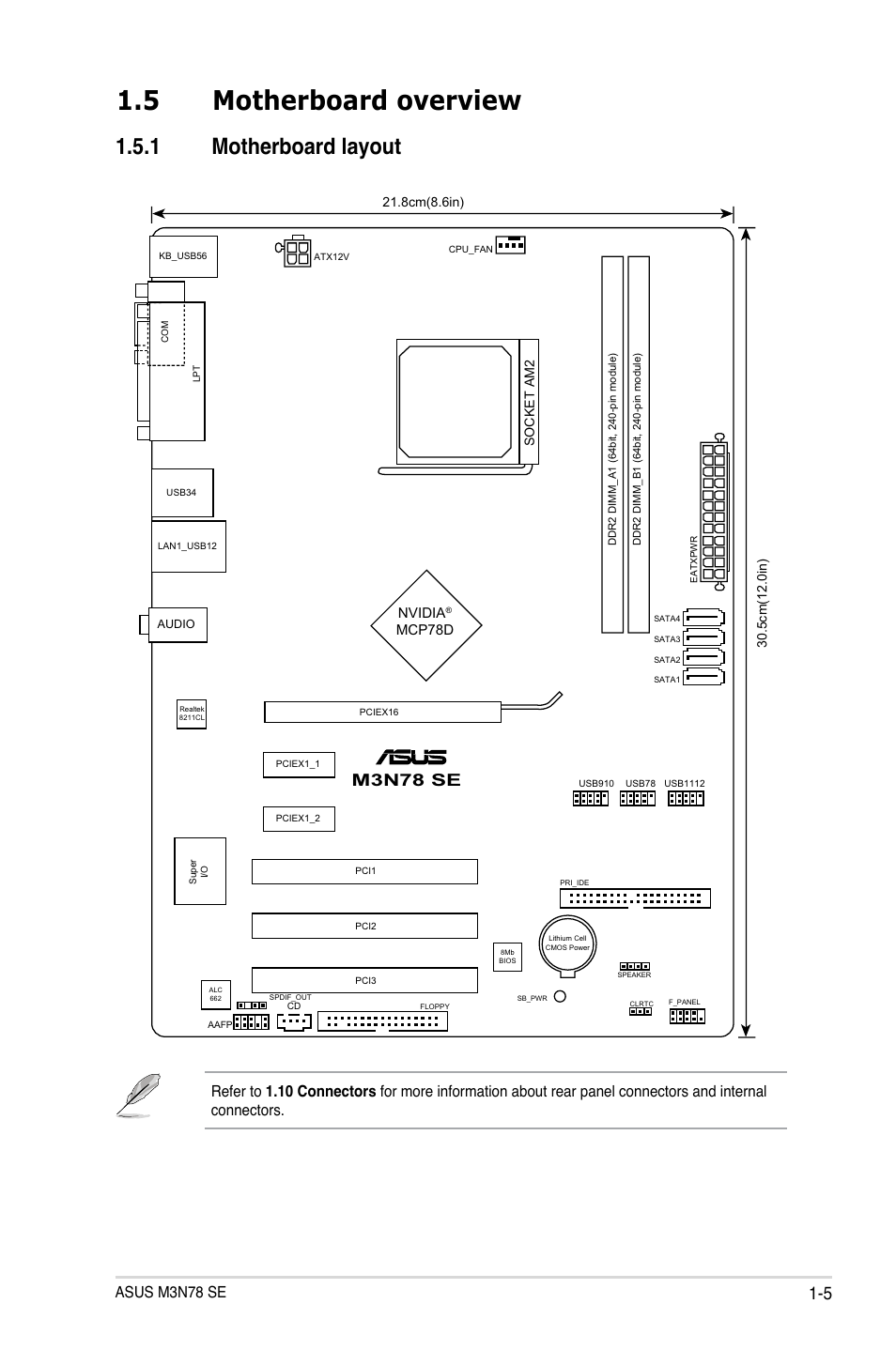 5 motherboard overview, 1 motherboard layout, Motherboard overview -5 1.5.1 | Motherboard layout -5, M3n78 se, Asus m3n78 se, Nvidia, Mcp78d | Asus M3N78 SE User Manual | Page 15 / 62