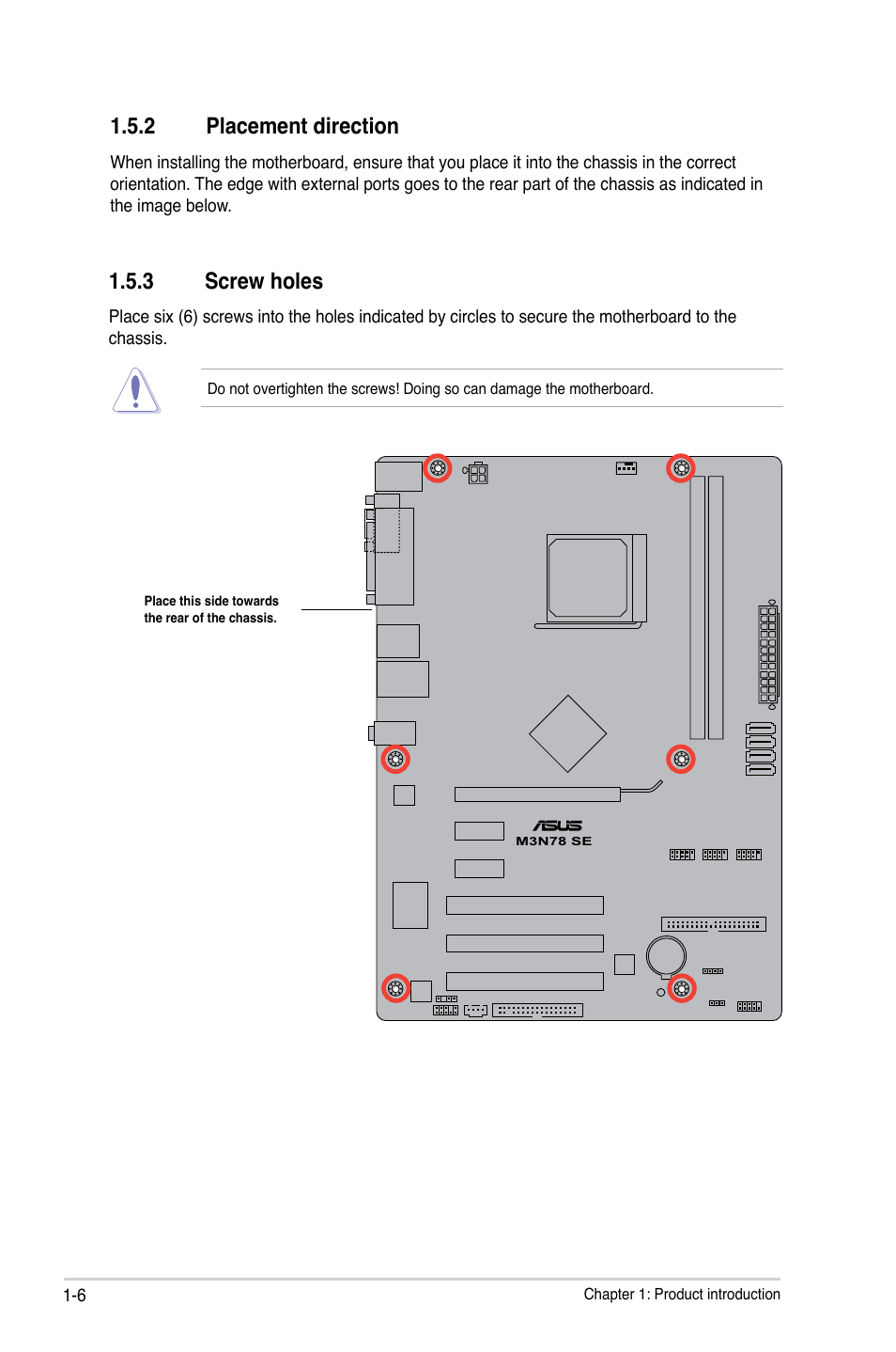 2 placement direction, 3 screw holes, Placement direction -6 | Screw holes -6 | Asus M3N78 SE User Manual | Page 16 / 62