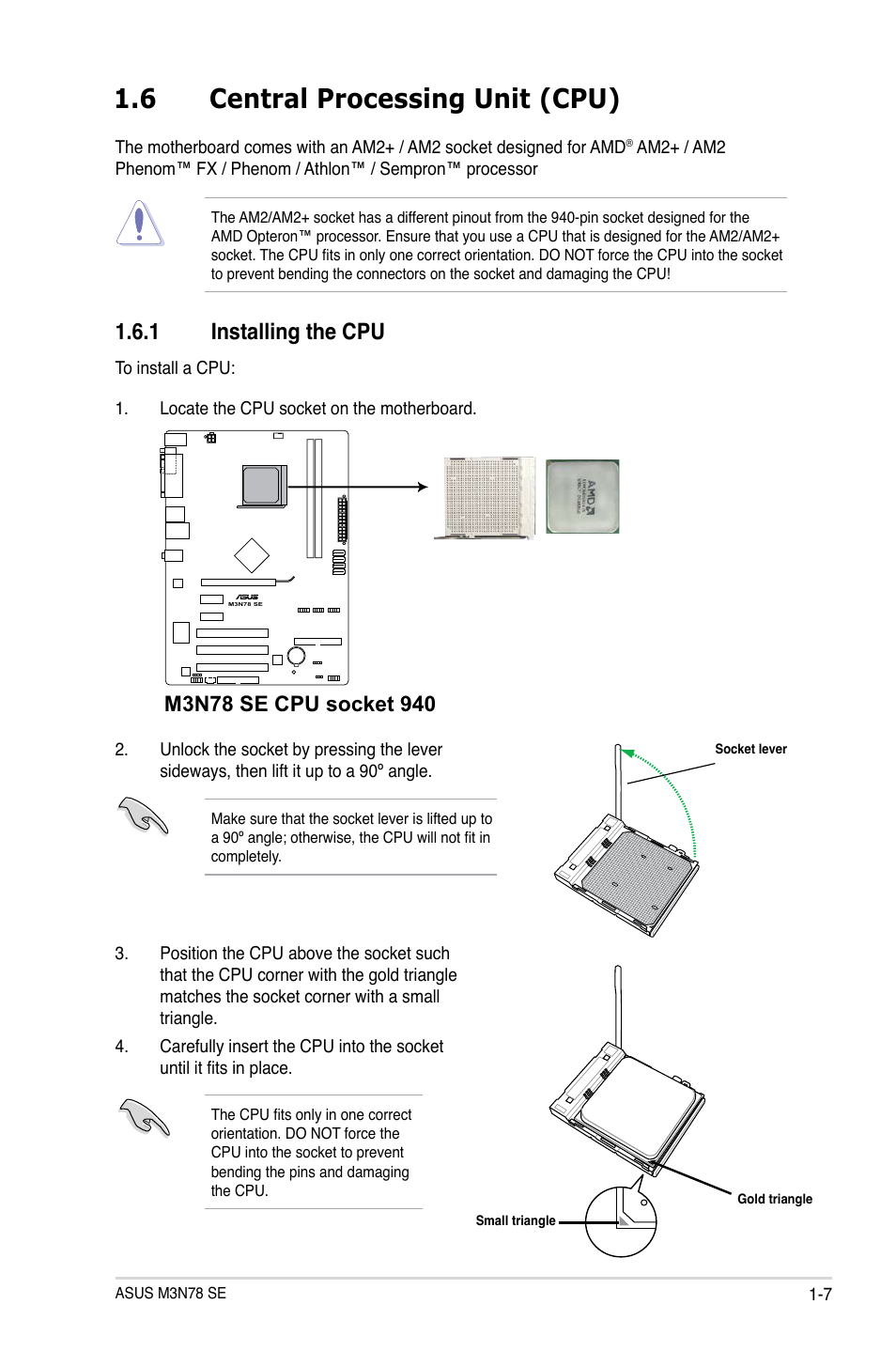 6 central processing unit (cpu), 1 installing the cpu, Central processing unit (cpu) -7 1.6.1 | Installing the cpu -7 | Asus M3N78 SE User Manual | Page 17 / 62