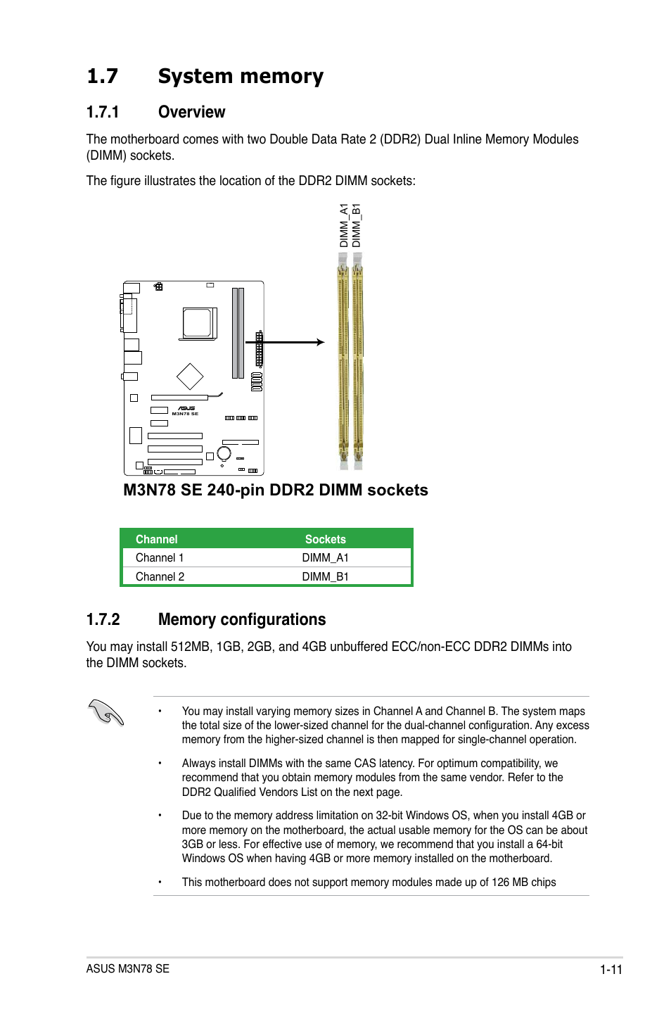 7 system memory, 1 overview, 2 memory configurations | System memory -11 1.7.1, Overview -11, Memory configurations -11 | Asus M3N78 SE User Manual | Page 21 / 62