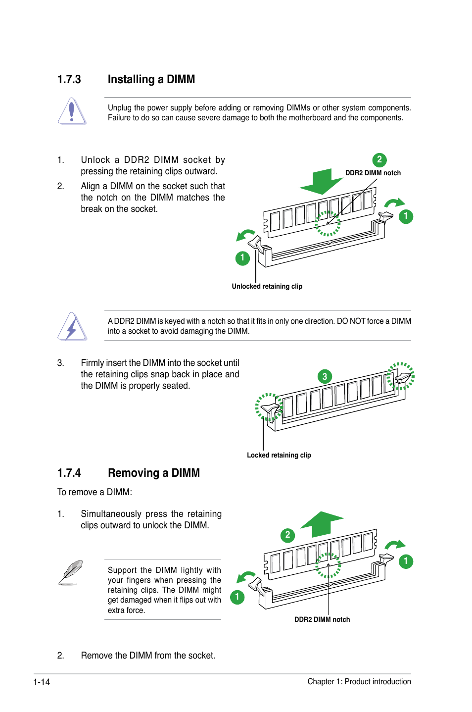 3 installing a dimm, 4 removing a dimm, Installing a dimm -14 | Removing a dimm -14 | Asus M3N78 SE User Manual | Page 24 / 62