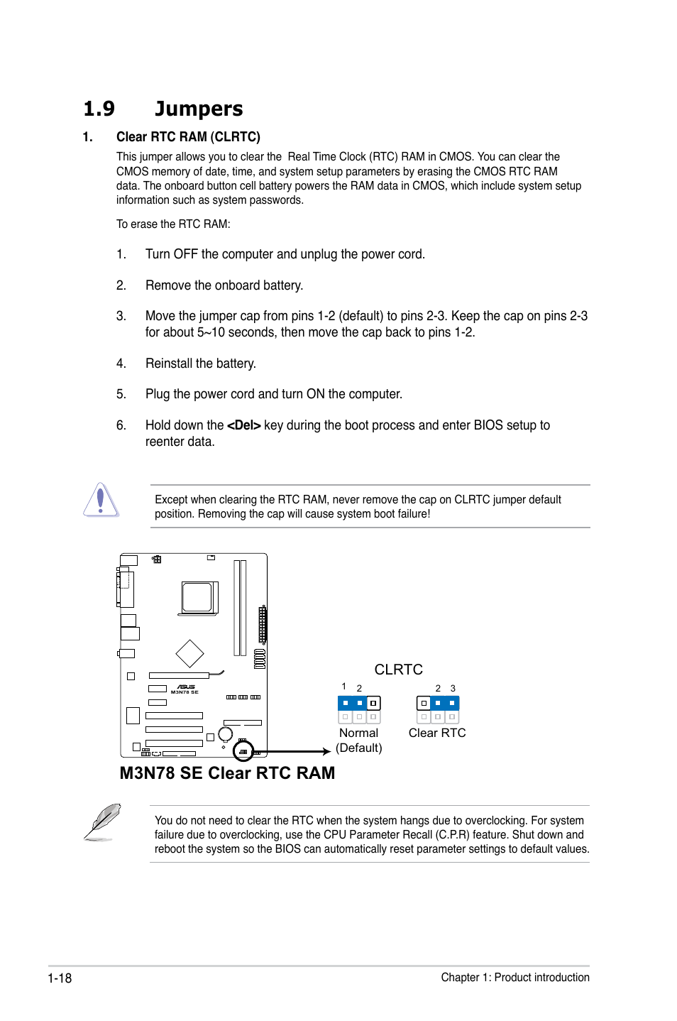 9 jumpers, Jumpers -18, M3n78 se clear rtc ram | Asus M3N78 SE User Manual | Page 28 / 62