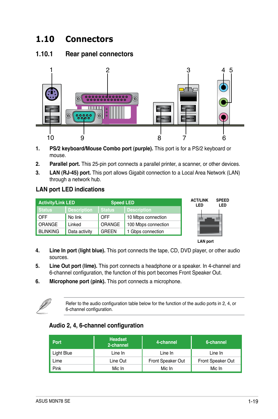 10 connectors, 1 rear panel connectors, Connectors -19 1.10.1 | Rear panel connectors -19 | Asus M3N78 SE User Manual | Page 29 / 62