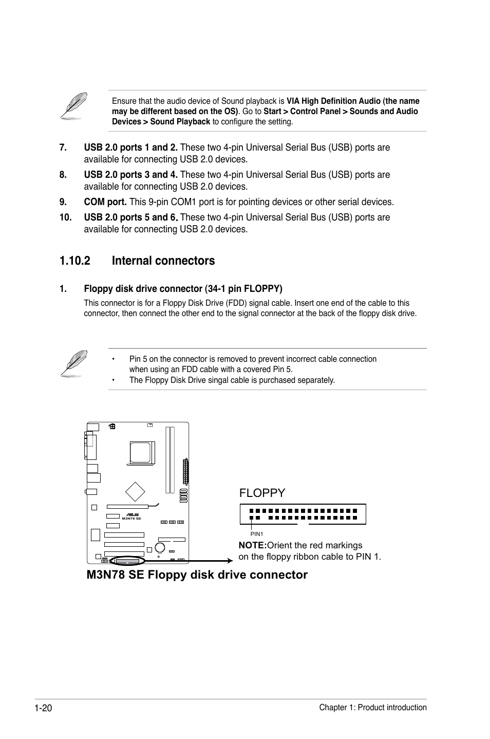 2 internal connectors, Internal connectors -20, M3n78 se floppy disk drive connector | Floppy | Asus M3N78 SE User Manual | Page 30 / 62