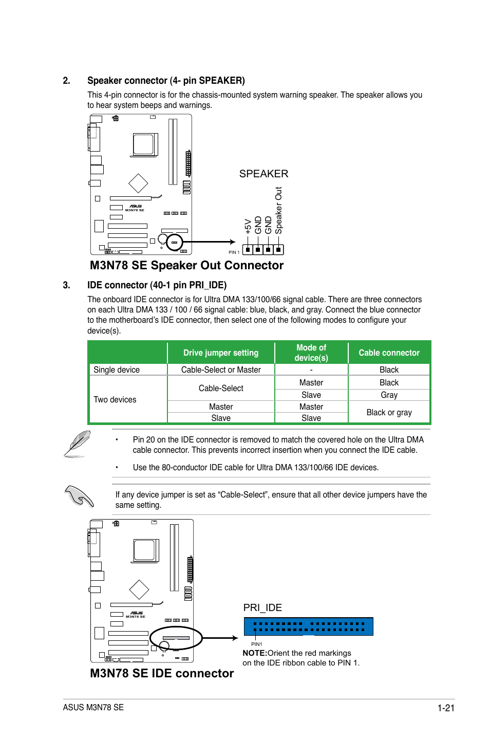 M3n78 se speaker out connector, M3n78 se ide connector, Speaker | Asus M3N78 SE User Manual | Page 31 / 62