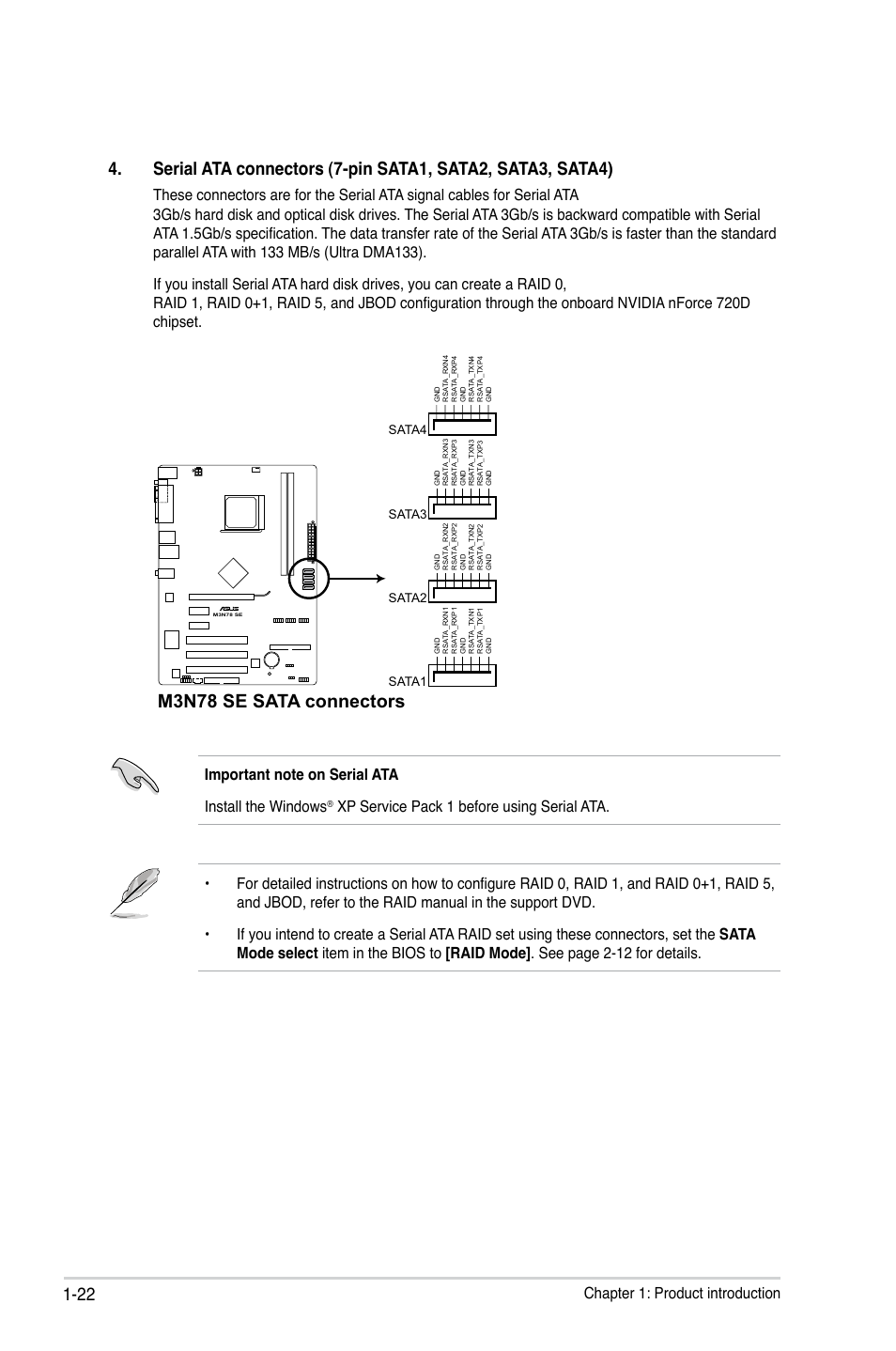 M3n78 se sata connectors, Chapter 1: product introduction | Asus M3N78 SE User Manual | Page 32 / 62