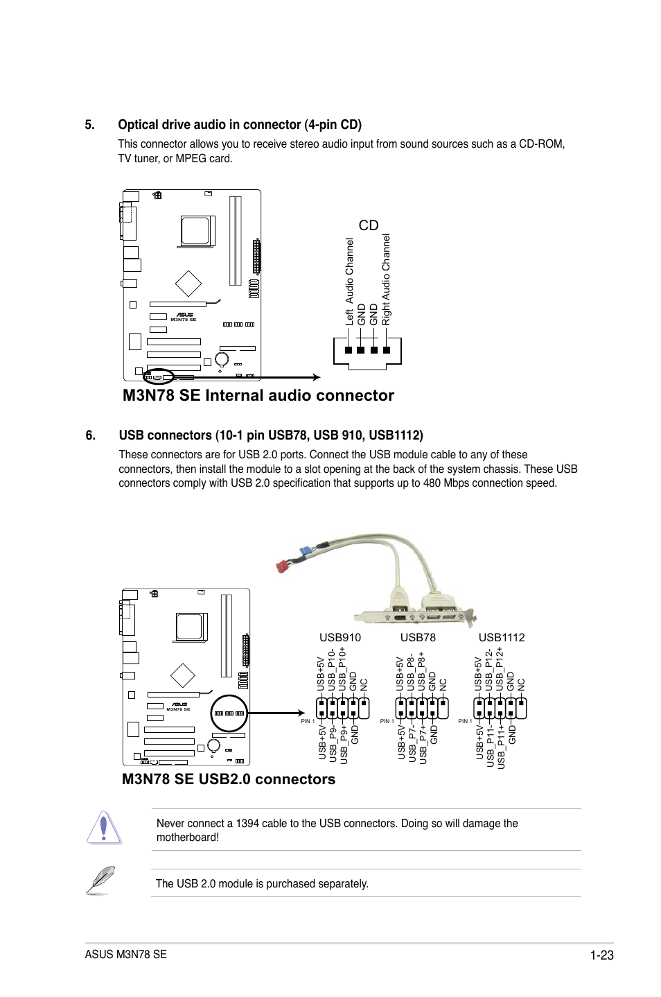 M3n78 se internal audio connector, 23 5. optical drive audio in connector (4-pin cd) | Asus M3N78 SE User Manual | Page 33 / 62
