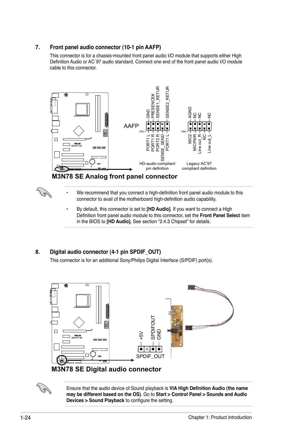 M3n78 se digital audio connector, M3n78 se analog front panel connector, Front panel audio connector (10-1 pin aafp) | Aafp, Digital audio connector (4-1 pin spdif_out) | Asus M3N78 SE User Manual | Page 34 / 62