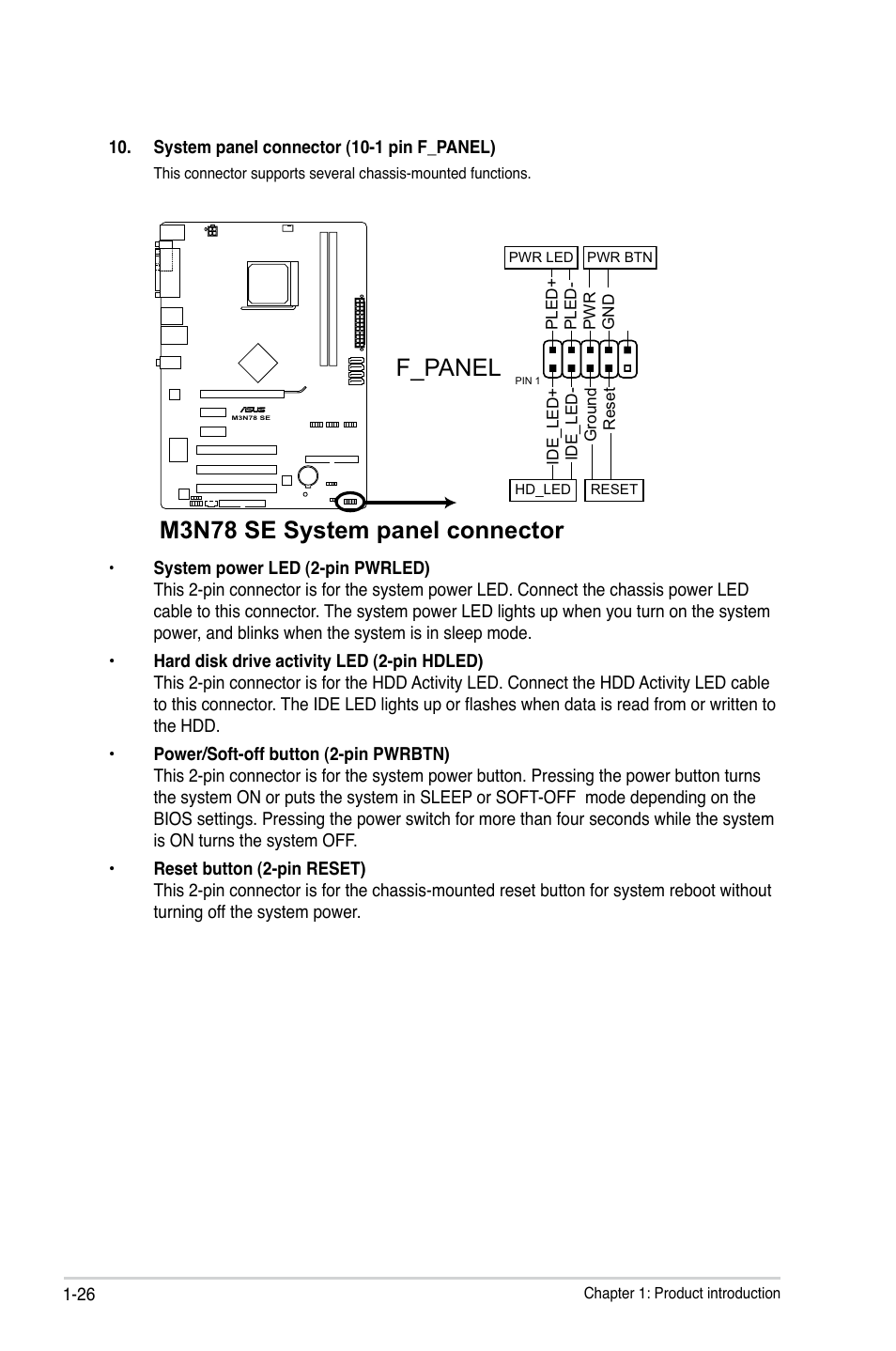 M3n78 se system panel connector, F_panel | Asus M3N78 SE User Manual | Page 36 / 62