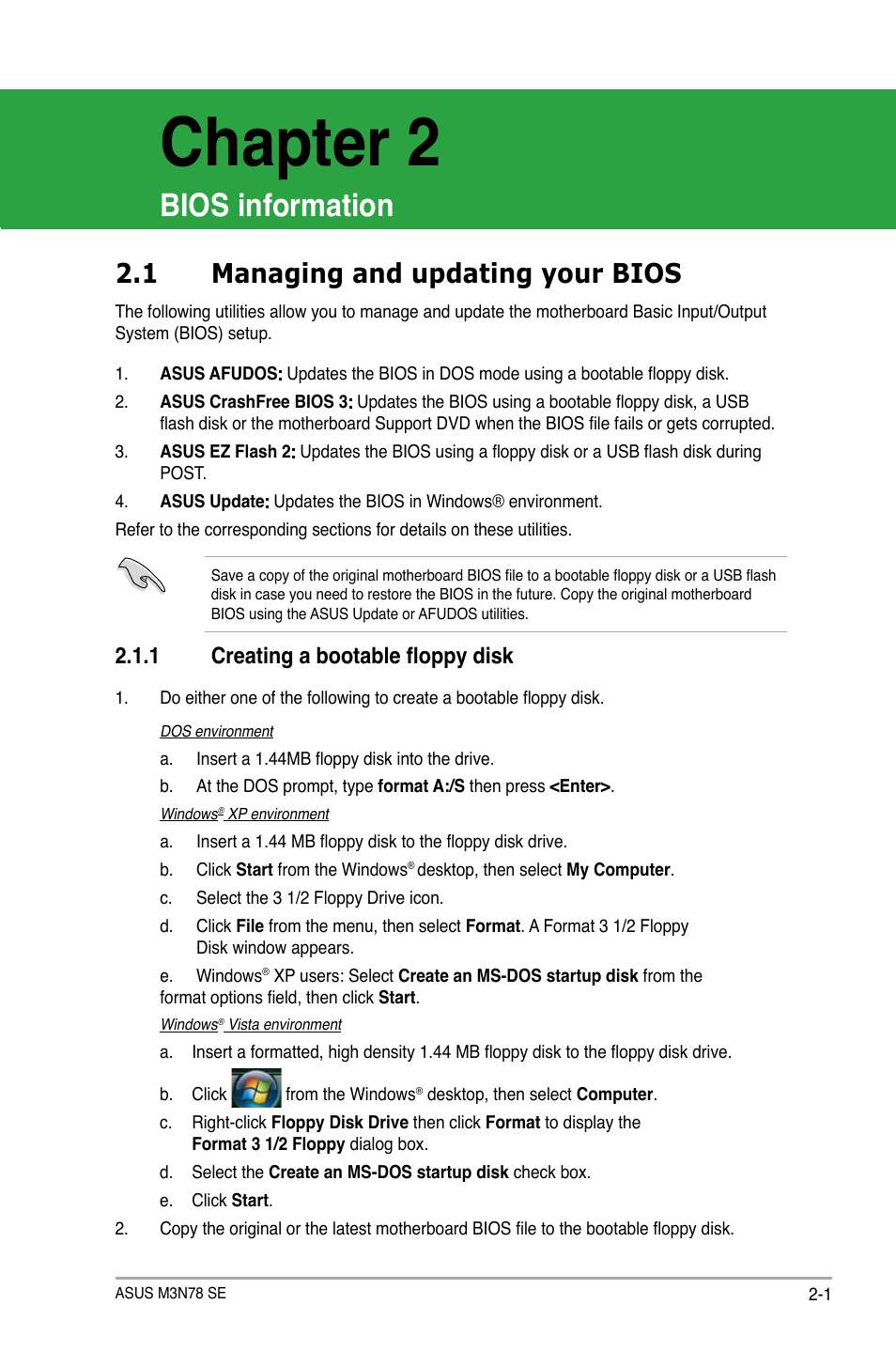 Chapter 2: bios information, 1 managing and updating your bios, 1 creating a bootable floppy disk | Managing and updating your bios -1 2.1.1, Creating a bootable floppy disk -1, Chapter 2, Bios information | Asus M3N78 SE User Manual | Page 39 / 62