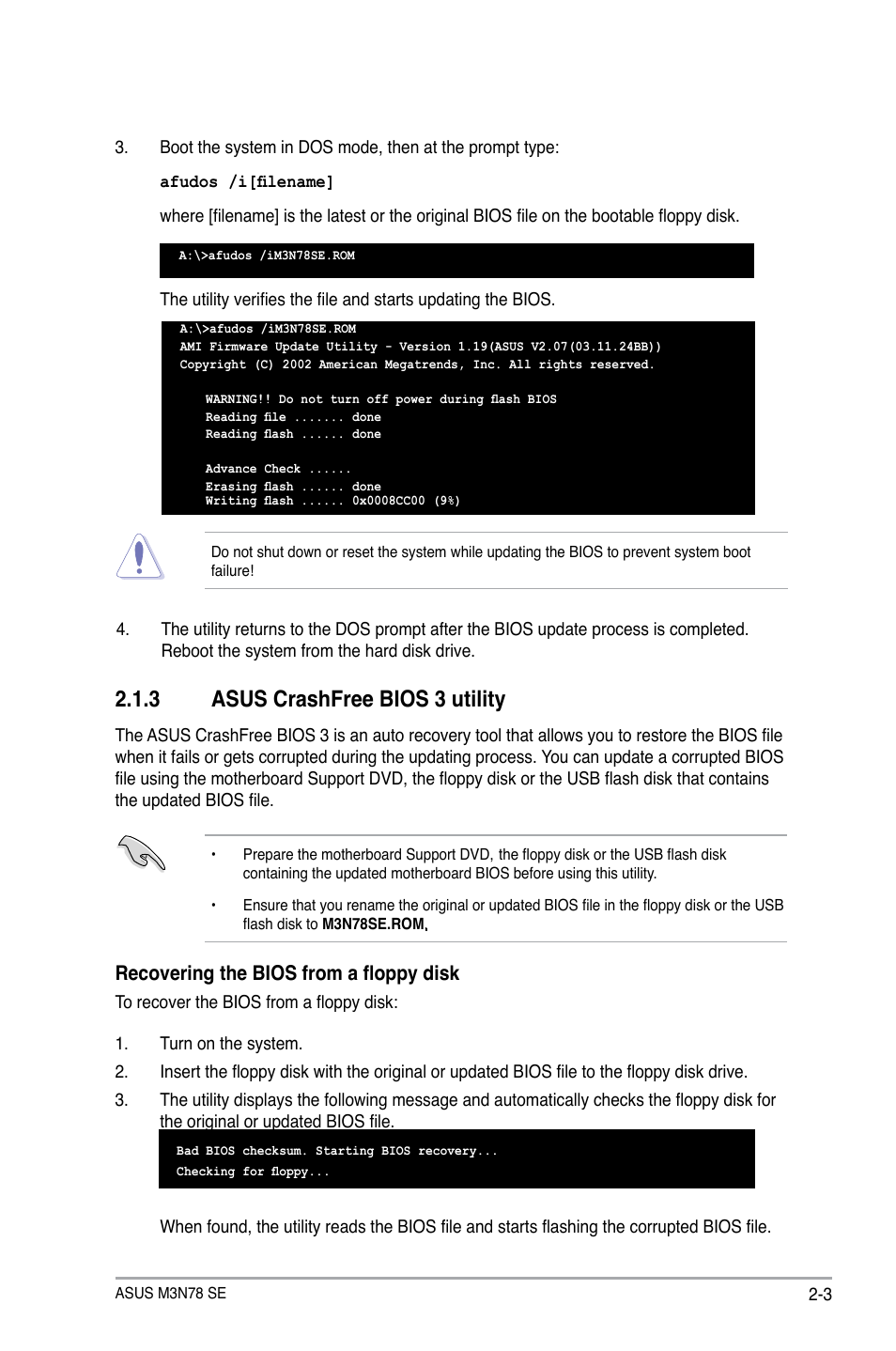 3 asus crashfree bios 3 utility, Asus crashfree bios 3 utility -3, Recovering the bios from a floppy disk | Asus M3N78 SE User Manual | Page 41 / 62