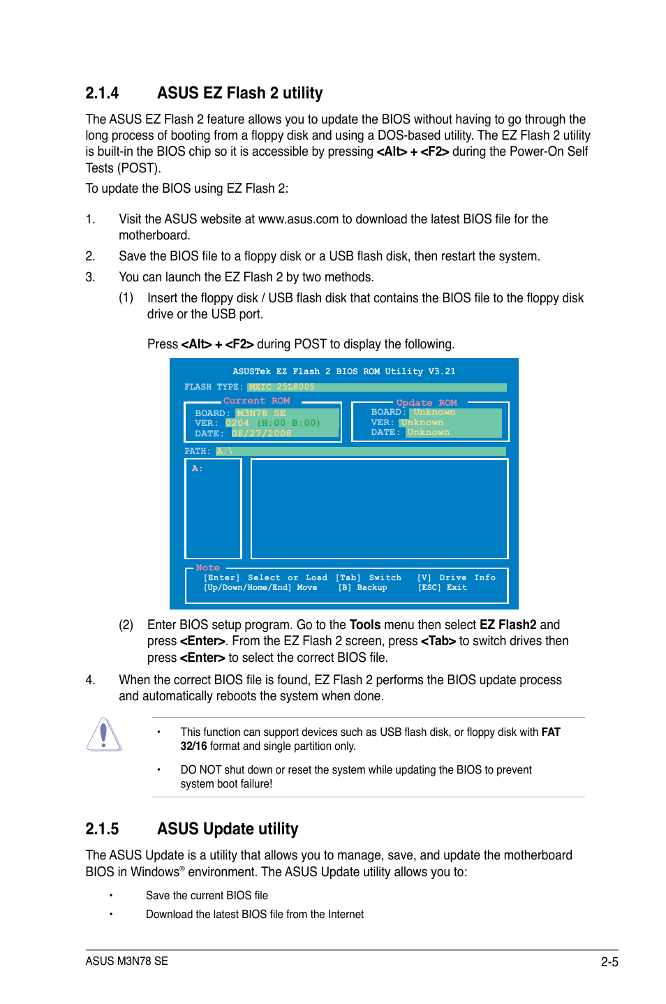 4 asus ez flash 2 utility, 5 asus update utility, Asus ez flash 2 utility -5 | Asus update utility -5 | Asus M3N78 SE User Manual | Page 43 / 62
