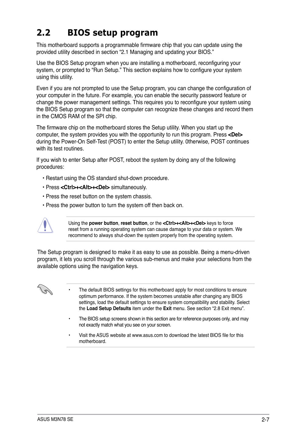 2 bios setup program, Bios setup program -7 | Asus M3N78 SE User Manual | Page 45 / 62